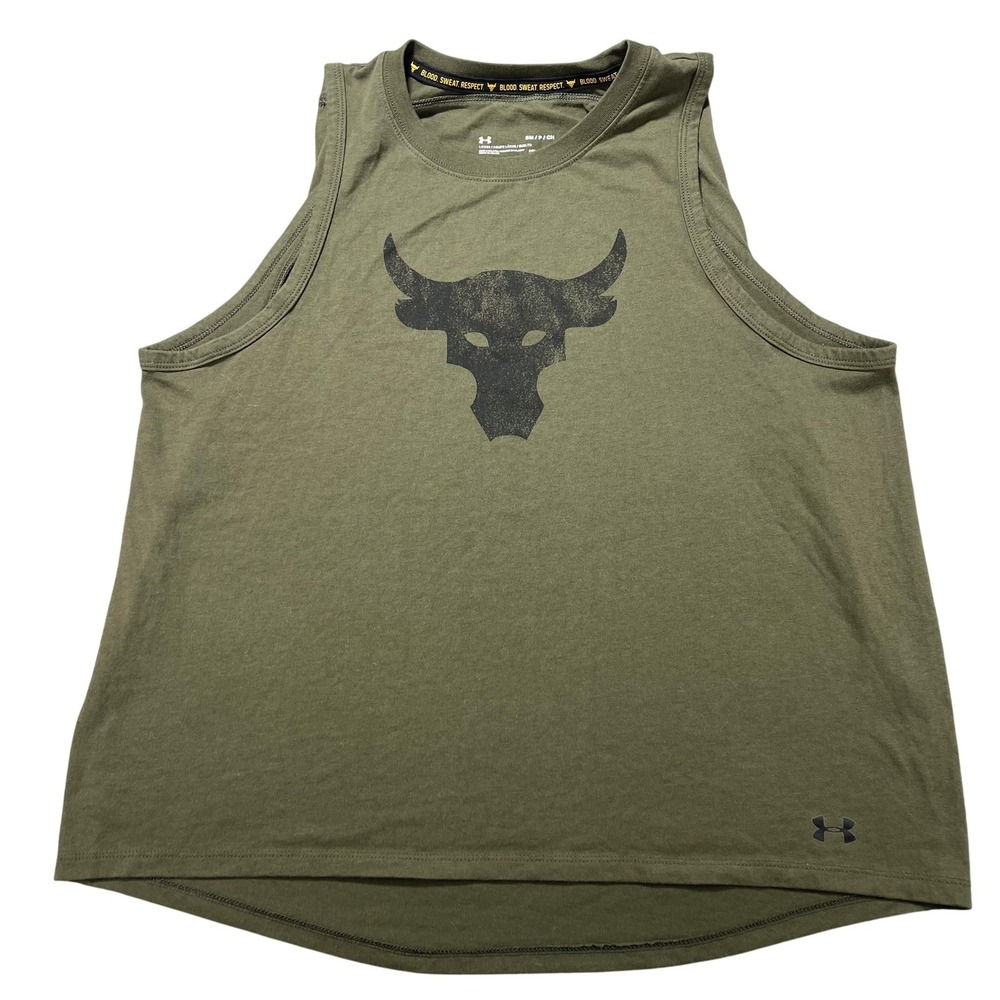 Under Armour Tank Womens Small Green HeatGear Bull Logo Blood Sweat Respect Top